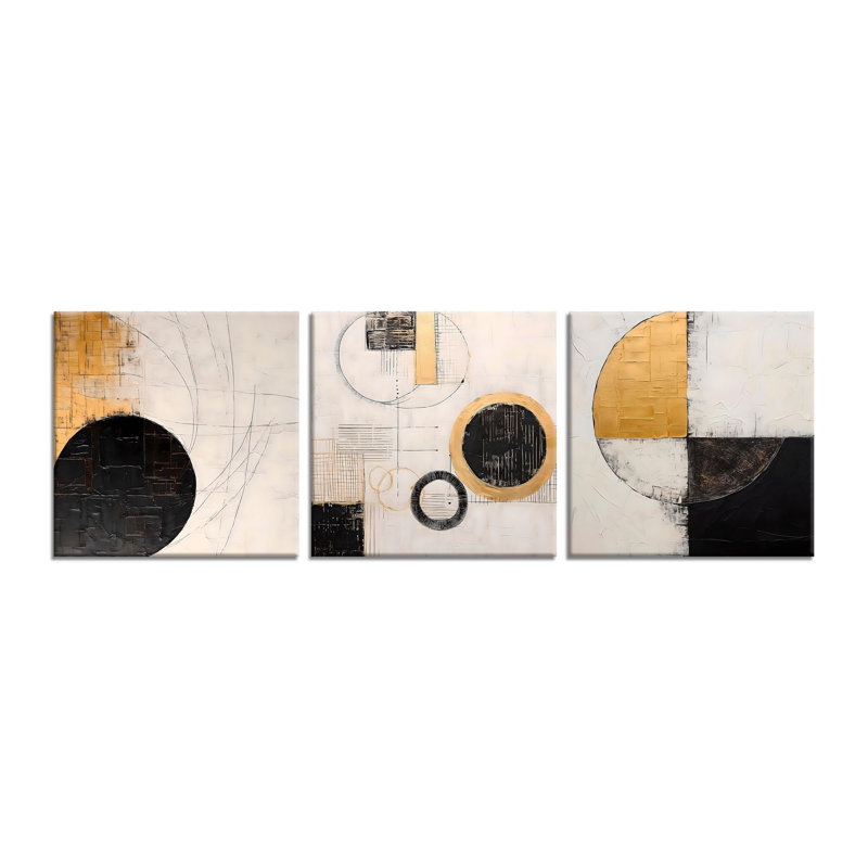 Elegant Decorative Canvas Painting Set (3 Pieces), Gold & Black, 11.8 x 11.8 inches Each | 50% Cotton / 50% Polyester with 100% Wooden Frames (Thickness: 0.8 inches) | Stunning Wall Art for Modern Home Décor
