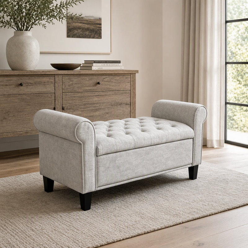 Banc de rangement en bois d'hévéa de 49 po avec accoudoirs et dossier en mousse et polyester gris 49 po, avec pieds en bois massif brun pour le hall d'entrée de la chambre à coucher