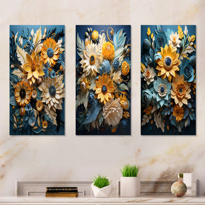 Abstract Blue And Beige Sunflowers - Sunflowers Metal Prints Set Of 3