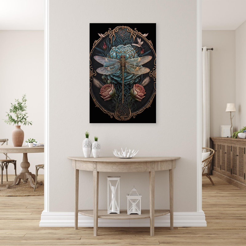 Roses et libellule - impression sur toile tendue, H 14 po x L 11 po x l 1,25 po