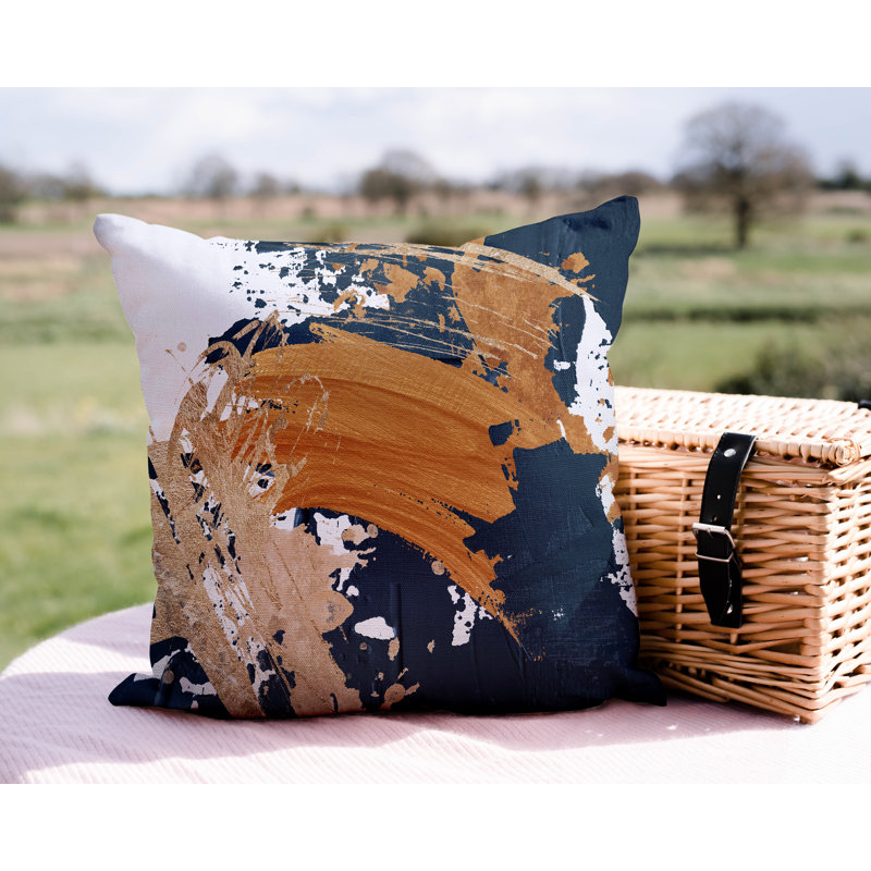 Wintta Abstract Outdoor Reversible Throw Pillow, 19W" x 19H", Orange/Navy Blue/Gold 