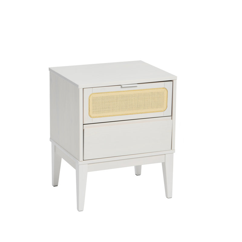 Table de chevet en bois massif 2 tiroirs Kay, Blanc avec naturel