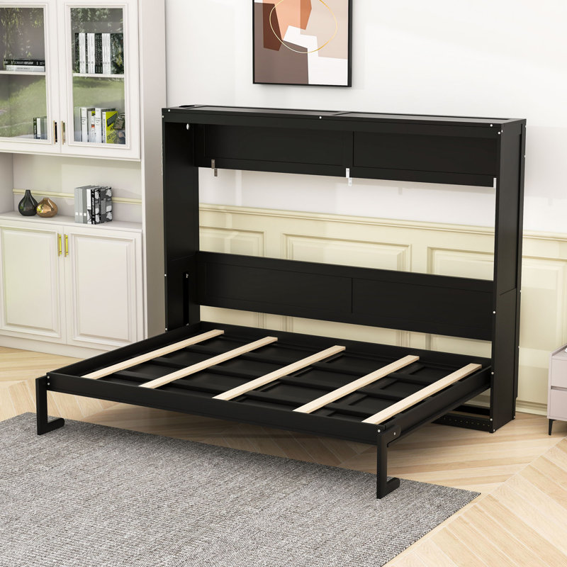 Lit escamotable contemporain avec éclairage à DEL et charge USB, Grand lit, Noir