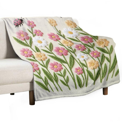 Jeté en flanelle de luxe brodé à motif floral (2), couverture douce et chaude pour le canapé-lit du salon