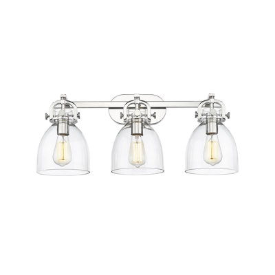 Newton Bell - 3 lumières - 27 pouces - Nickel poli - Abat-jour transparent - Éclairage pour meuble-lavabo