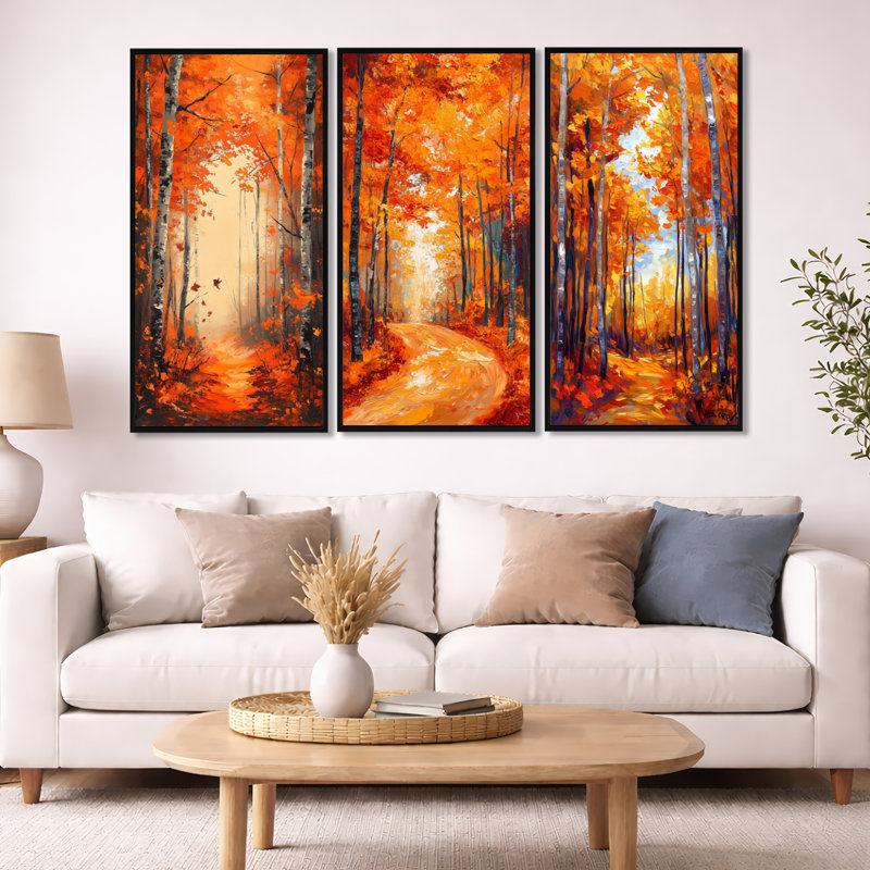 «Wild Brush Autumn Forest - Érable», art mural encadré à 3 panneaux, H 40 po x l 60 po, Cadre flottant noir