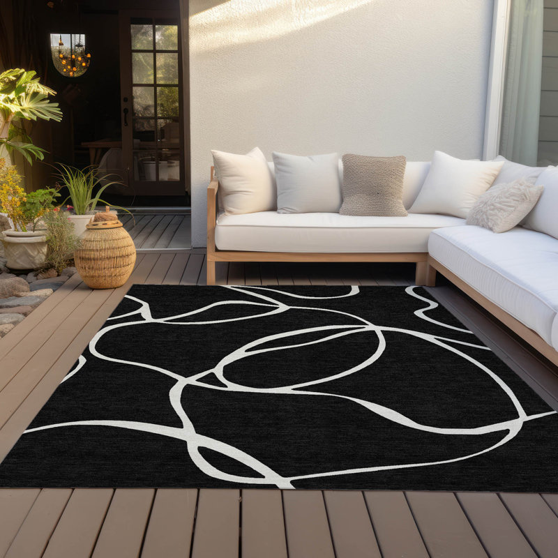 Black and White Abstract Pattern Washable Synthetic Area Rug, 5' x 7'