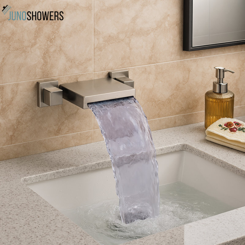 Juno Square Dual Handle LED Waterfall Bathroom Sink Faucet – Modern Chrome Design with Temperature-Responsive LED Lighting