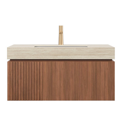 Comptoir en pierre frittée de 36 po à motif de travertin et lavabo encastré en céramique avec un trou de robinet pré-percé standard, sans armoire, sans robinet et couvercle d'évier
