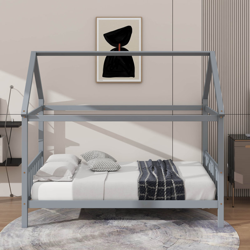 Lit simple pour enfant en forme de maison, Gris clair