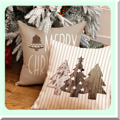 Holiday Stripe Pillow Cover Set - (Pack of 4) - Wooden Tree Snow Sleigh Merry Bright Xmas Decor - Decorative Throw Cushion Case for Home Party Sofa Couch - Brown