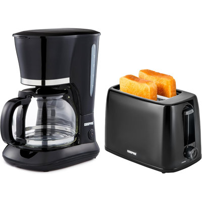 GEEPAS 1.5L Filter Coffee Machine & 2 Slice Toaster Combo Set | 800W Coffee Maker For Instant Coffee Espresso Macchiato & More | 650W Toaster For Thin Small Bread Slice 6 Browning Levels Black