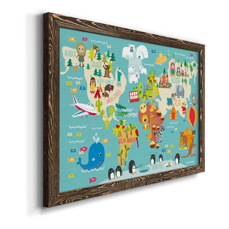 Carte du monde des enfants - cadre photo, impression sur toile, Toile avec cadre en noyer, H 20 po x l 17 po x P 1,5 po