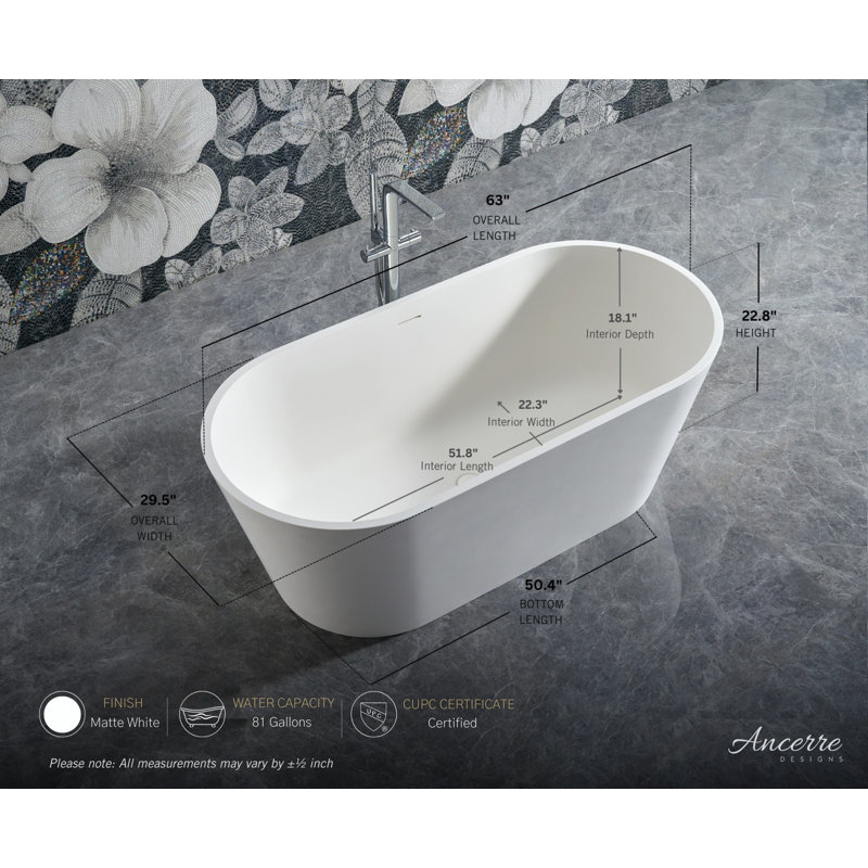 Baignoire autoportante TRANQUIL 63 po en surface solide blanche