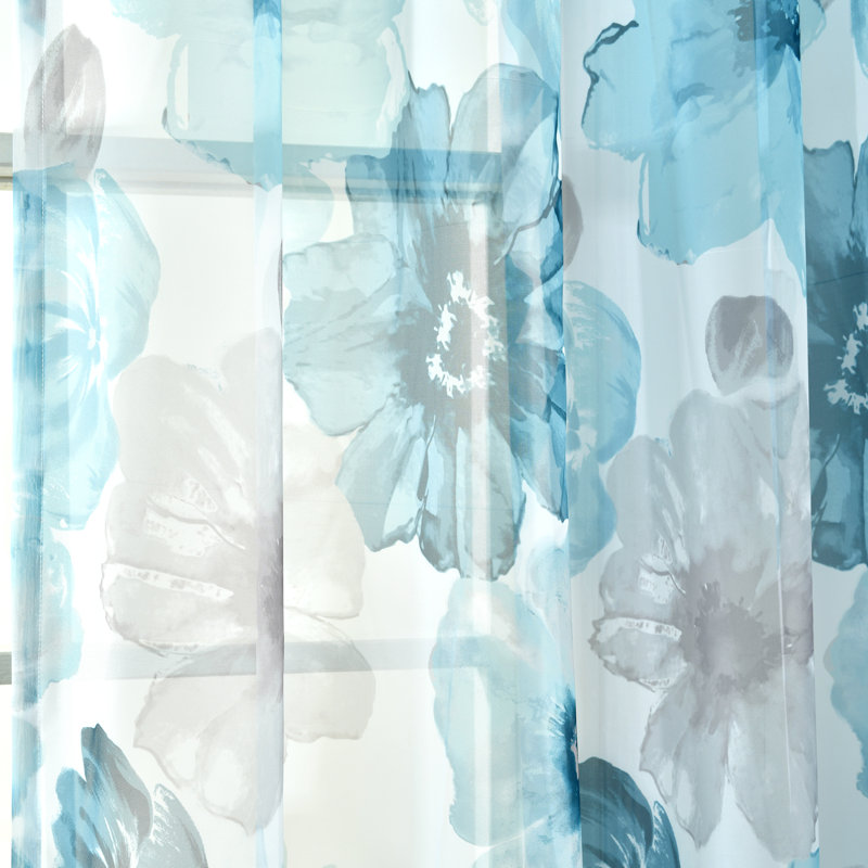 Leah Blue Floral Sheer Polyester Window Curtain Panels
