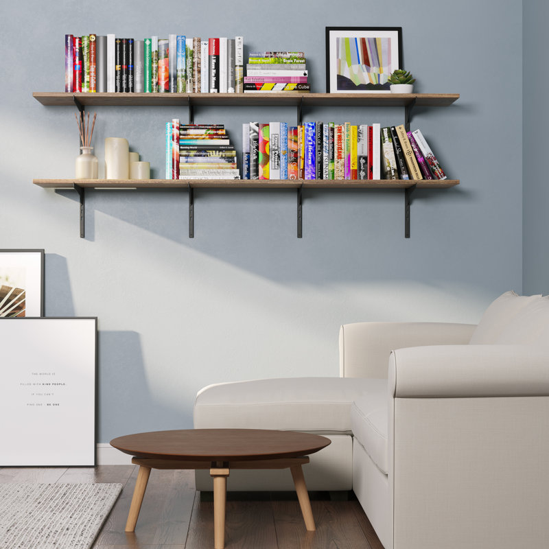 60 Inch Long Floating Wall Shelf Unit, 2 Tier Adjustable Wall Shelf, Wall Mounted Bookshelf For Living Room Decor, Home Organization, Farmhouse, Burnt