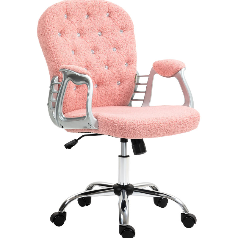 Chaise de bureau rose en molleton avec boutons, hauteur de siège réglable et pivotement à 360 °, coussin de détente rembourré et inclinable, assise confortable