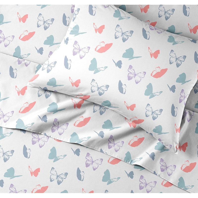 Queen Size Blue and White Butterfly Print Microfiber Sheet Set