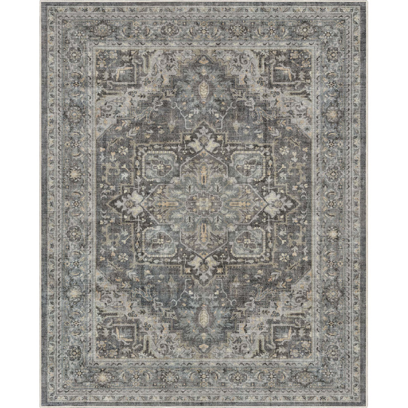  Apollo Tirana Vintage Medallion Oriental Dark Grey Flat-Weave Area Rug, Rectangle 9'10" x 13'