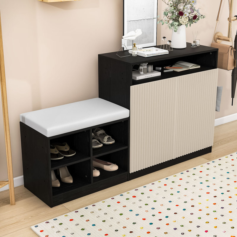 Banc à chaussures multifonctionnel - Tablettes, crochets et finition texturée ondulée, Beige noir
