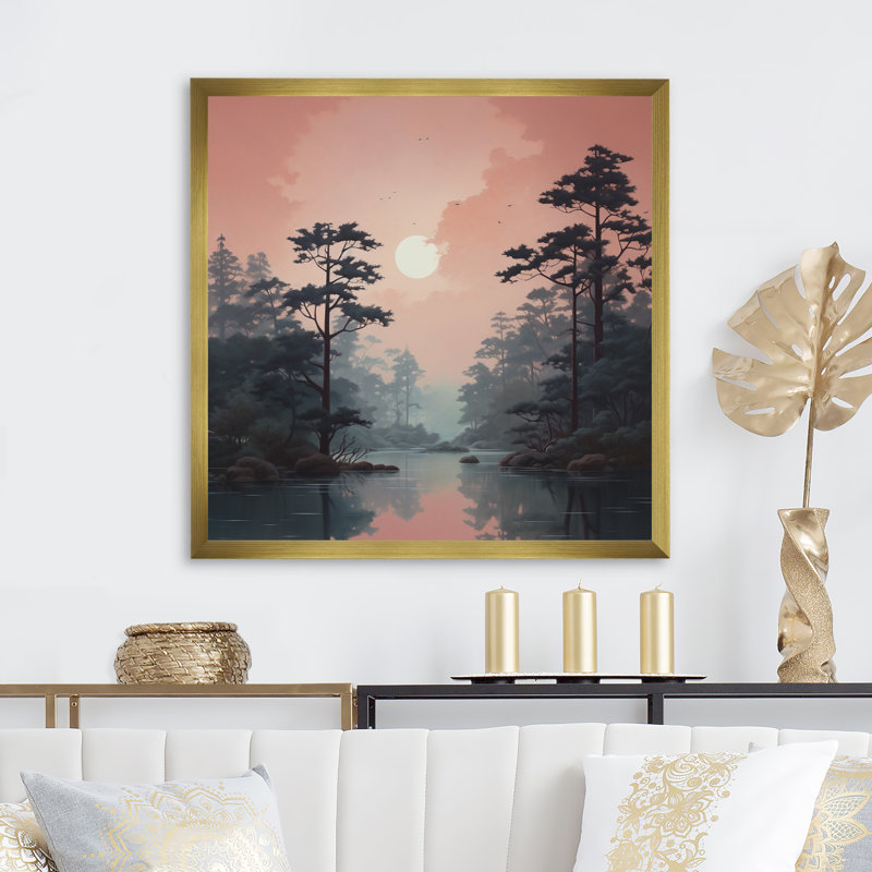 Rose gris Mid Century Dreamy River II - imprimé, H 24 po x l 24 po x P 1 po, Encadrement doré