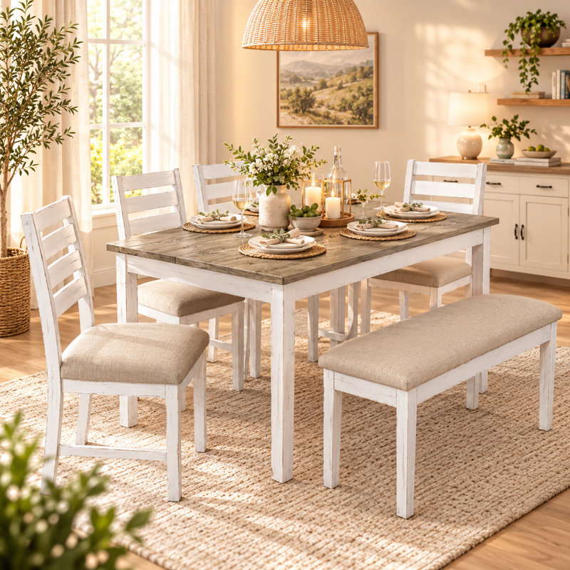 Ensemble de table de salle à manger à quatre pieds en bois massif pour 6 personnes avec table 59 "et 4 chaises rembourrées
