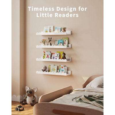 Floating Wall Bookshelves For Kids - 4-Pack Scalloped Nursery Shelves, Durable Hardwood Wall-Mounted Book Display For Toddler Room, Baby Room And Bedroom Decor