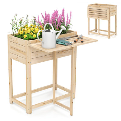  Wooden Raised Garden Bed w/ Legs Foldable Side Table Drainage for Flower Herb