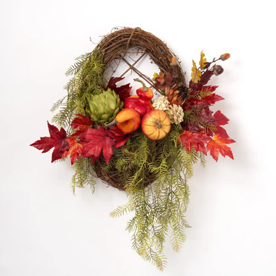 Couronne Heirloom Harvest - vert artichaut, citrouille et gourde, feuille d'automne et couronne de cèdre