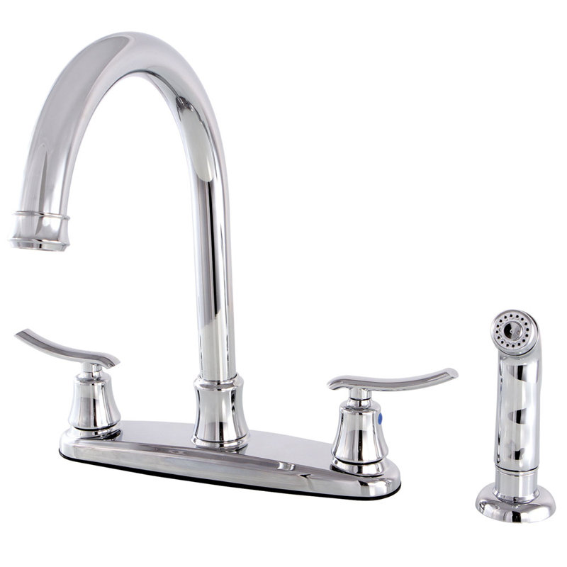 Robinet de cuisine central à 4 poignées à 4 trous 8 po avec douchette latérale Kingston Brass, Chrome