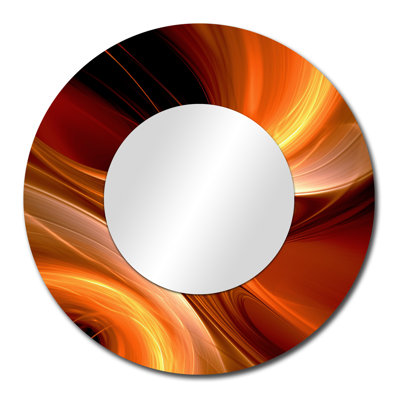 Orange Abstract Warm Fractal Design II - Fractals Mirror, Orange Round Decorative Wall Mirror, Printed Metal Art