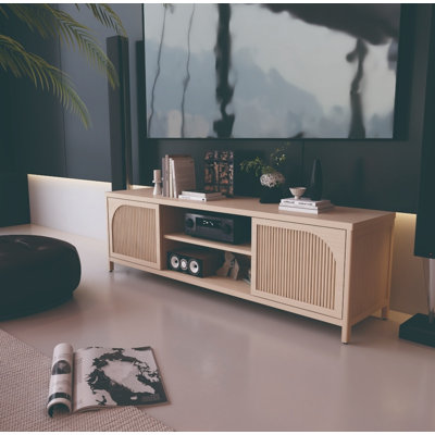 Meuble télé en bambou - console multimédia écologique pour le salon, tablettes de rangement incluses