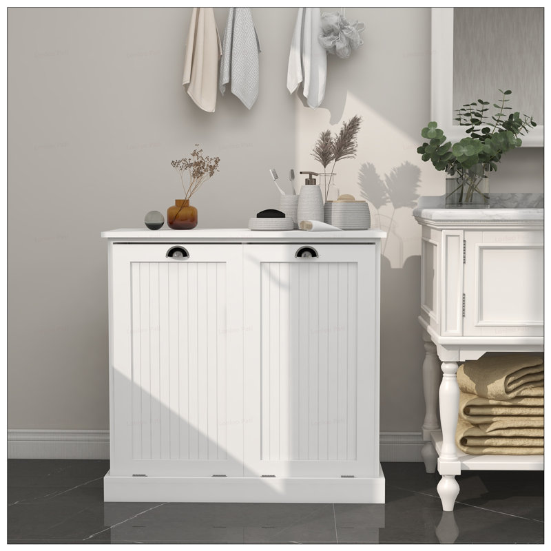 Two-Compartment Tilt-Out Laundry Sorter Cabinet With Removable Bags, Durable And Stylish For Modern Homes, White
