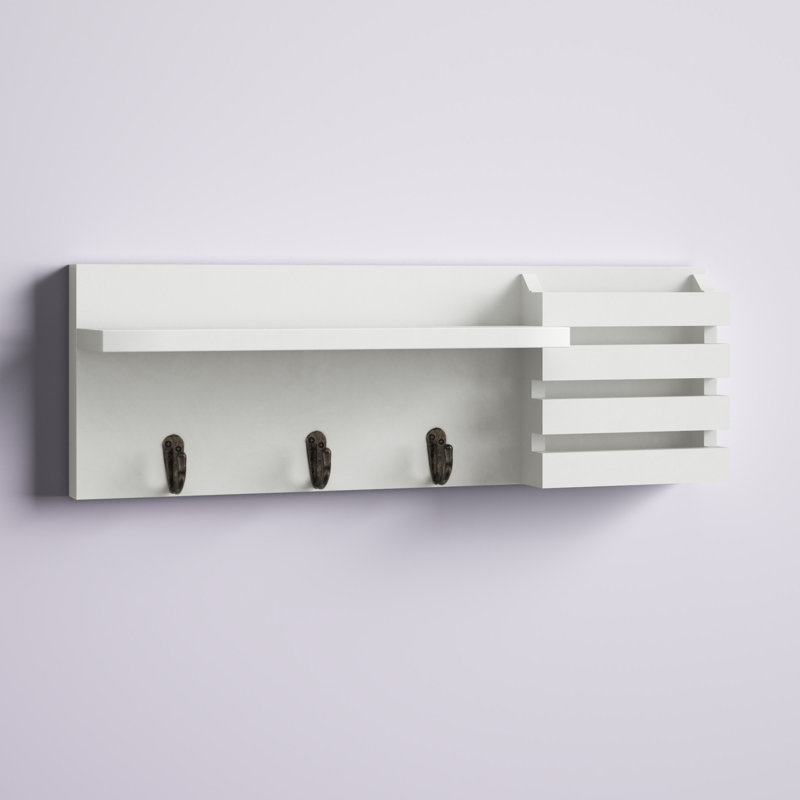 Speight Wall Mail Organizer with Key Hooks, White/Brown