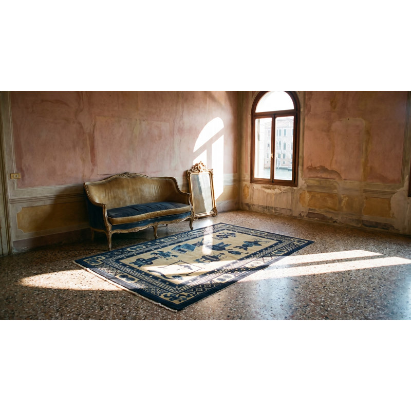 Antique Baotou Small Scatter Size Wool Blue Navy, Ivory Beige Cream White Rug