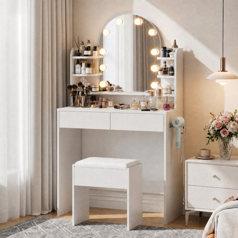 Makeup Vanity With Lighted Mirror & Power Outlet, Modern Small Vanity Desk with Side Storage Shelves For Bedroom, White