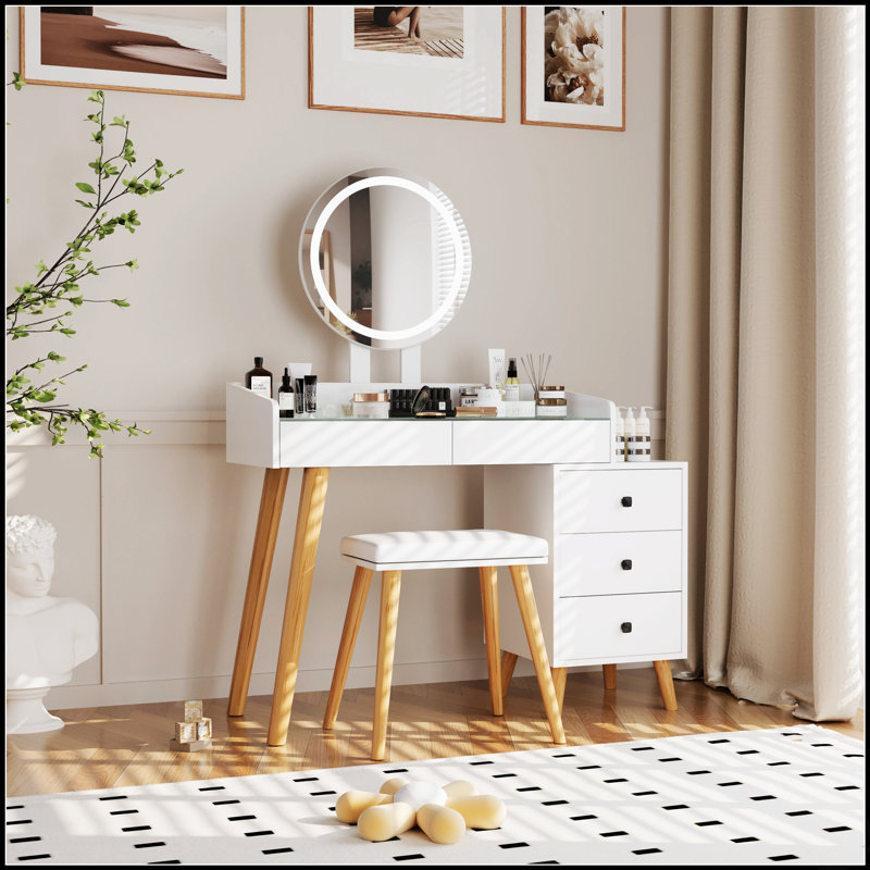 Modern Glass Top Dressing Table With LED Lights, Extendable Side Table, 5 Drawers, Mirror, And Stool For Elegant Bedroom Organization
