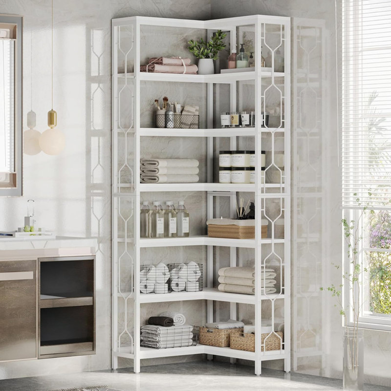 7-Tier Industrial White Corner Bookshelf Tall Wood Metal Etagere Display Shelf, White