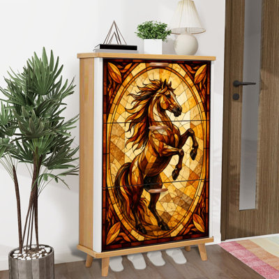 Armoire de rangement pour chaussures avec 3 tiroirs rabattables pour cheval au galop, mosaïque d'art, ambre chaud, vitrail doré