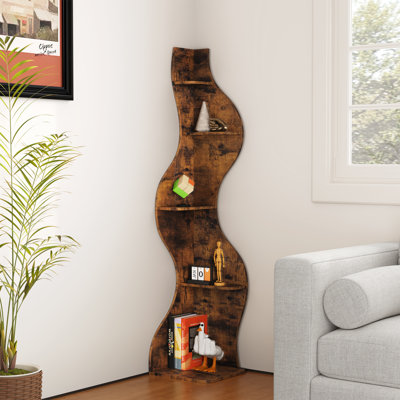 Bibliothèque d'angle moderne, grande étagère d'angle à 5 niveaux pour les petits espaces, bibliothèque d'angle ondulée avec rangement, étagère en bois pour plantes, livres et décor, plusieurs couleurs et tailles (rustique)