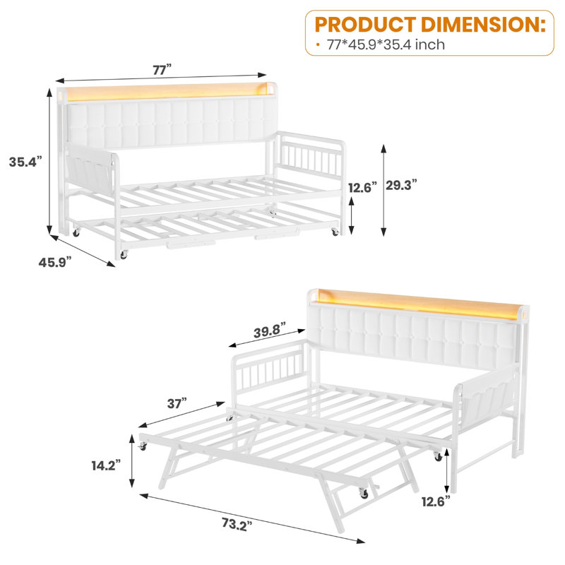 Twin Daybed with Trundle with Light & Charging Station, Upholstered Sofa Bed with Storage Headboard and Heavy Duty Metal Slats, for Living Room, Bedroom, Guest Room, White