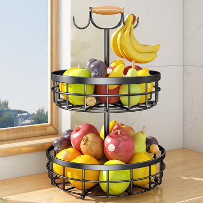 Grand panier à fruits à 2 niveaux pour comptoir de cuisine avec 2 cintres à banane, bols métalliques amovibles, poignée relevable en bois, support polyvalent pour le pain, les collations et les légumes.