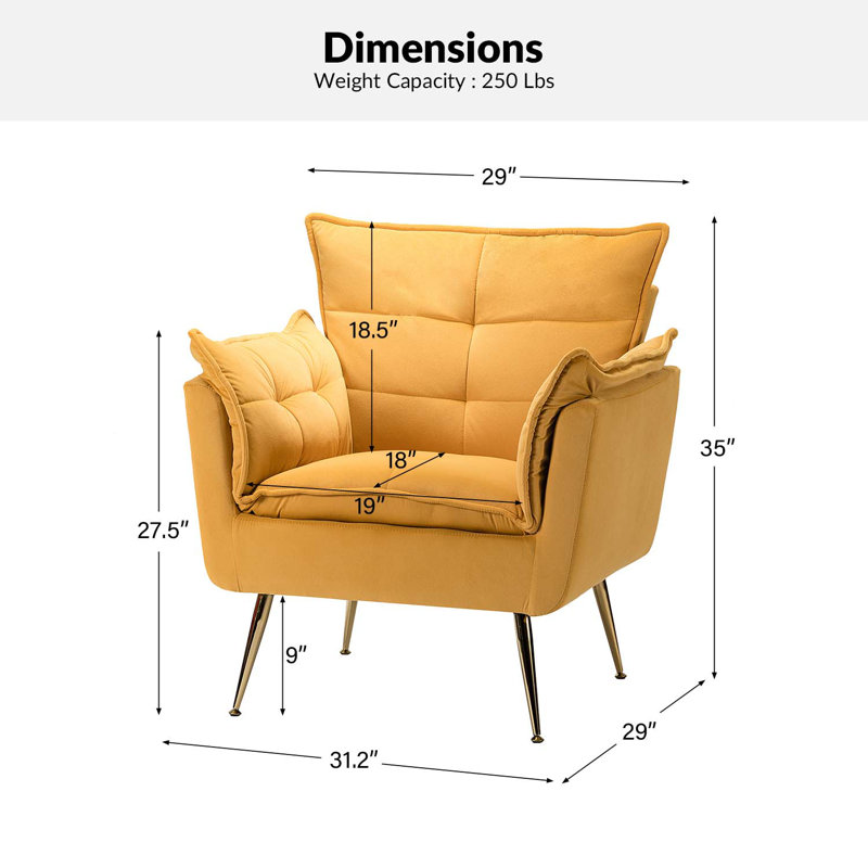 Fauteuil touffeté en polyester de 79,38 cm de large Toulouse, Velours moutarde