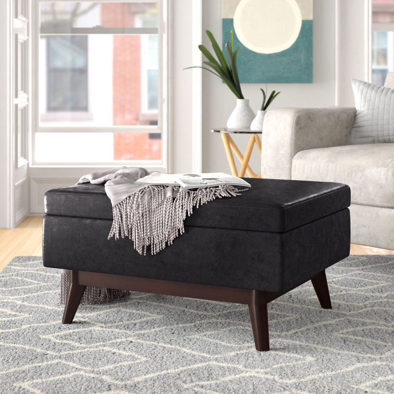 Mid-Century Modern Distressed Black Wood Rectangular Storage Ottoman