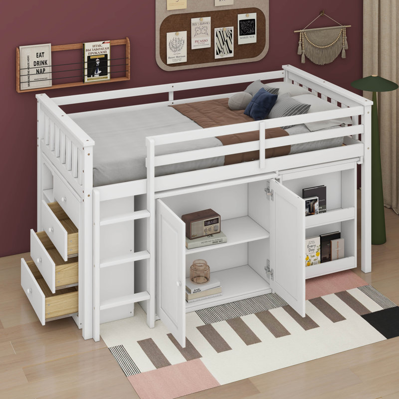 Twin Loft Bed With Drawer And Shelf Cabinet And Pulling-Out Desk, White
