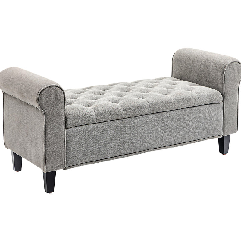 Gray Storage Bench 50". Upholstered With Velvet. Rolled Arms, Wood Legs. Hidden For Scarves. Comfortable Seating. Bedroom & Living Room. 264 Lbs 50" End Of Bed Bench, Velvet Upholstery Button