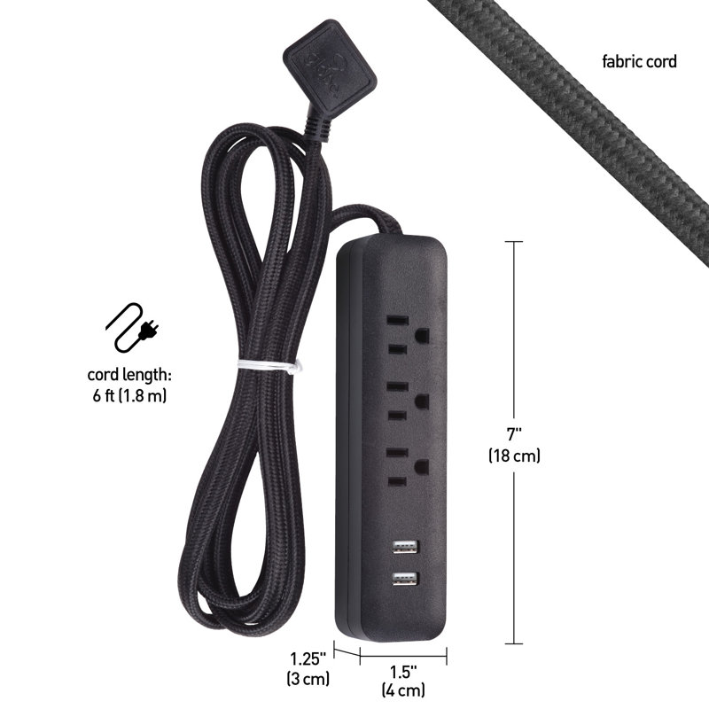 Rezzo 3-Outlet Surge Protector Cord, Black