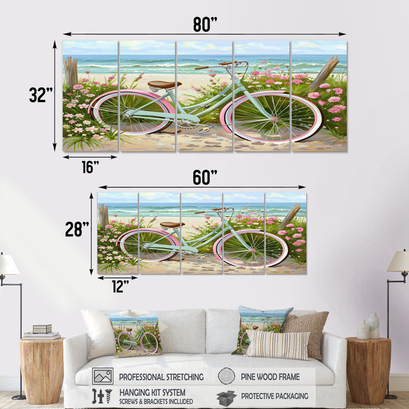 Vélo vert sur le sentier côtier floral I - ensemble de salon d'art mural côtier, H 32 po x l 80 po