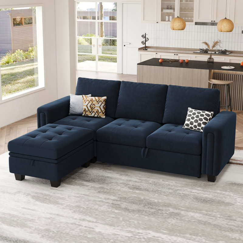 Shavera Velvet Modular Sectional L-Shaped Sleeper Sofa Bed With Storage Ottoman For Living Room Apartment, Blue Velvet