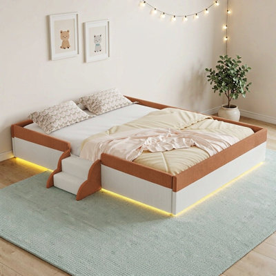 Cadre de lit grand avec clôture, lumières et marches à DEL, cadre de lit rembourré en velours côtelé pour enfants avec rails rembourrés doux, brun et blanc
